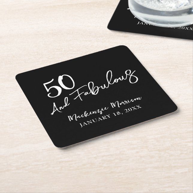 Black Fifty and Fabulous Script Birthday Party Square Paper Coaster (Angled)