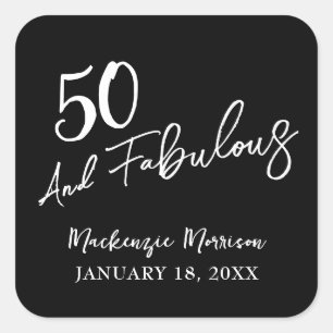 Black Fifty and Fabulous Script Birthday Party Square Sticker