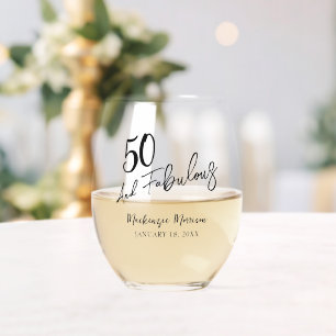 Black Fifty and Fabulous Script Birthday Party Stemless Wine Glass