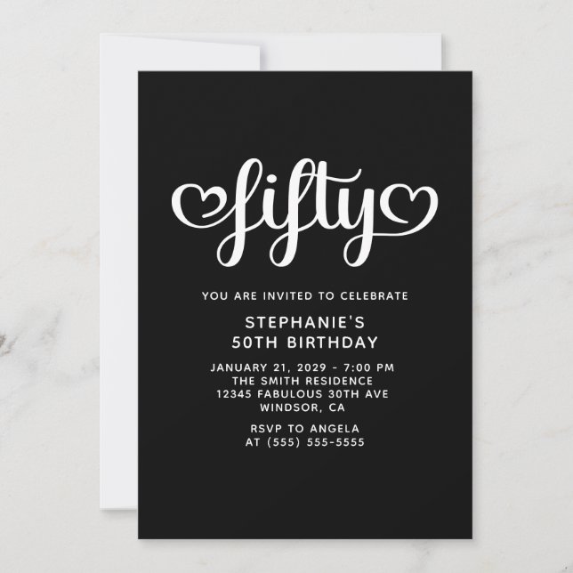 Black Fifty Cute Hearts Script 50th Birthday Invitation (Front)