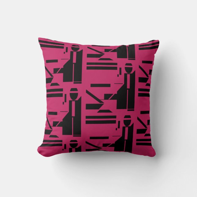Black Figure on Burgundy Geometric Tiled Pattern Cushion (Front)