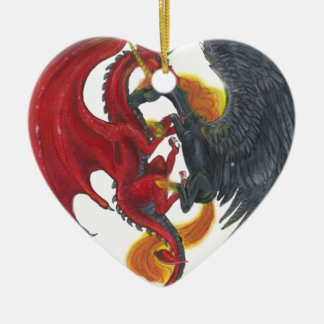 Black Fire Unicorn and Red Dragon Ceramic Tree Decoration (Front)
