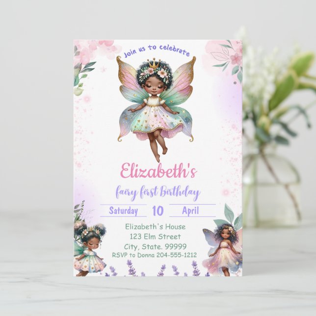 Black First Fairy Whimsical Birthday  Invitation (Standing Front)