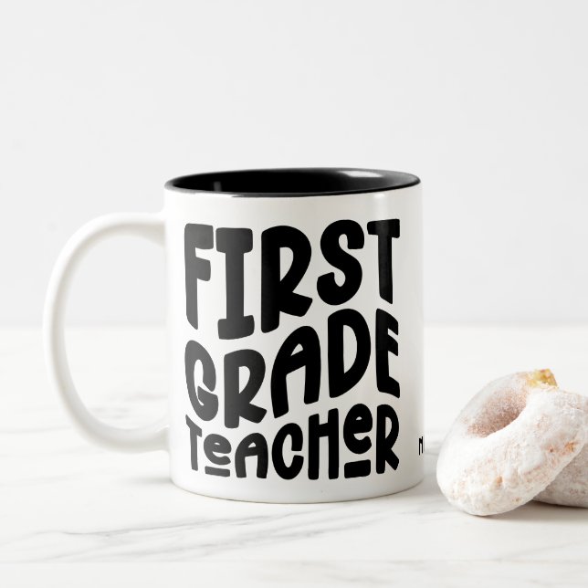 Black First Grade Teacher Typography Design Two-Tone Coffee Mug (With Donut)
