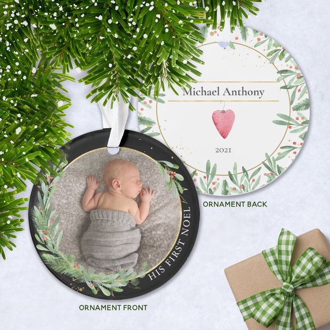 Black "First Noel" Christmas Greenery Baby Photo Ornament (Creator Uploaded)