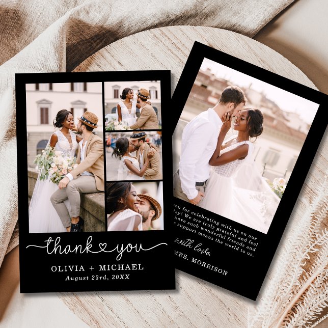 Black Five Photo Collage Script Wedding Thank You Card (Creator Uploaded)