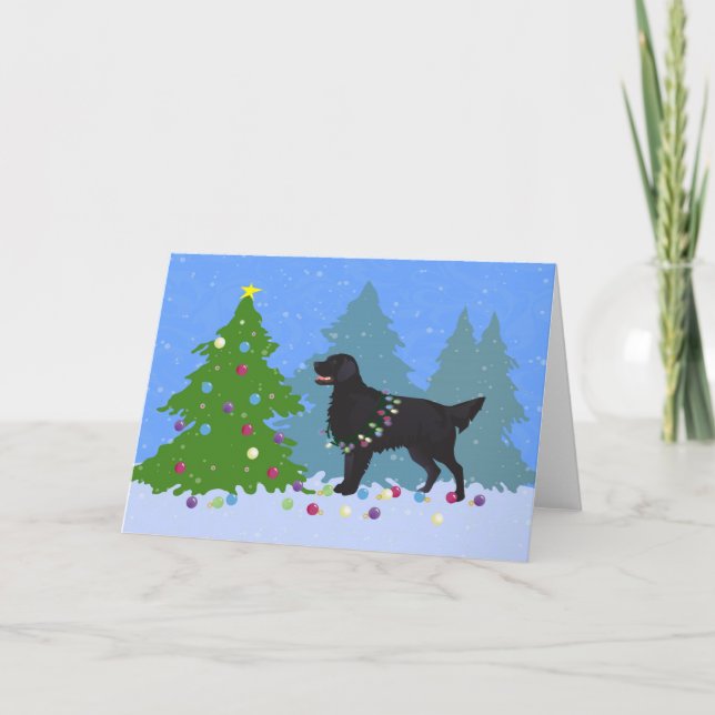 Black Flat-Coated Retriever - Christmas Forest Holiday Card (Front)