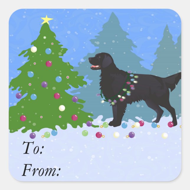 Black Flat-Coated Retriever - Christmas Forest Square Sticker (Front)