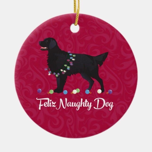 Black Flat Coated Retriever Feliz Naughty Dog Ceramic Tree Decoration (Front)