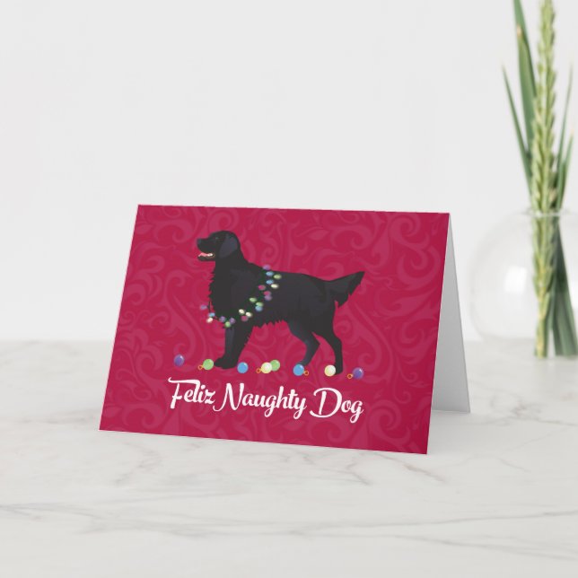 Black Flat Coated Retriever Feliz Naughty Dog Holiday Card (Front)