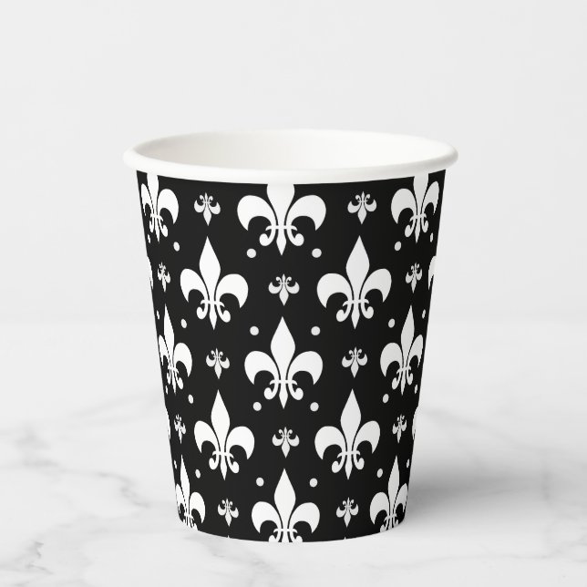 Black Fleur-de-lis Pattern Design  Paper Cups (Front)