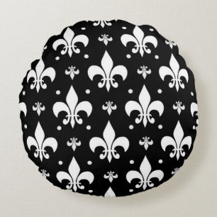 Black Fleur-de-lis Pattern Design  Round Cushion