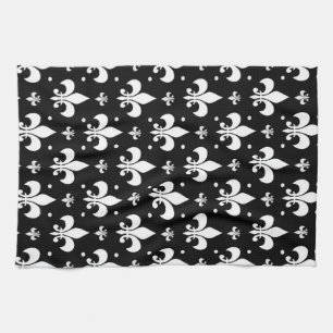 Black Fleur-de-lis Pattern Design Tea Towel
