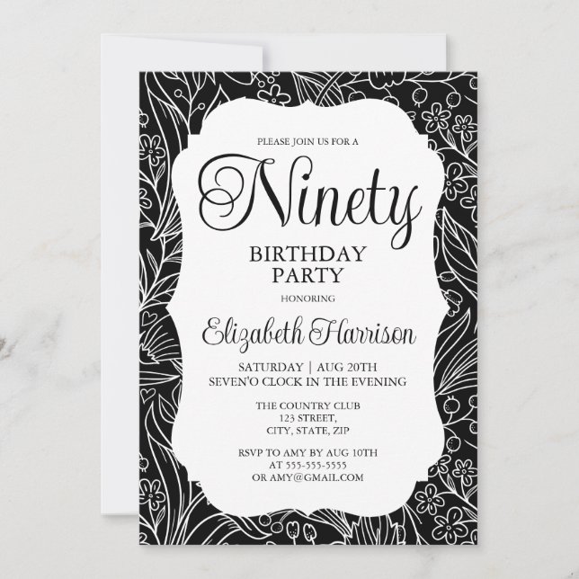 Black Flora Woman 90th Birthday Party Invitation (Front)