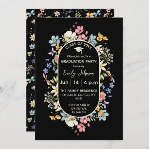 Black Floral 1 Photo Graduation Announcement Invit