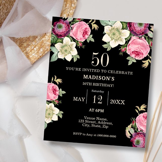 Black Floral 50th Budget Birthday Invitation (Creator Uploaded)