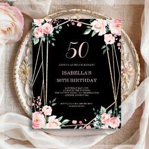 Black Floral 50th Budget Birthday Invitation