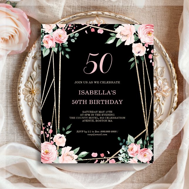 Black Floral 50th Budget Birthday Invitation (Creator Uploaded)