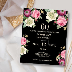 Black Floral 60th Budget Birthday Invitation