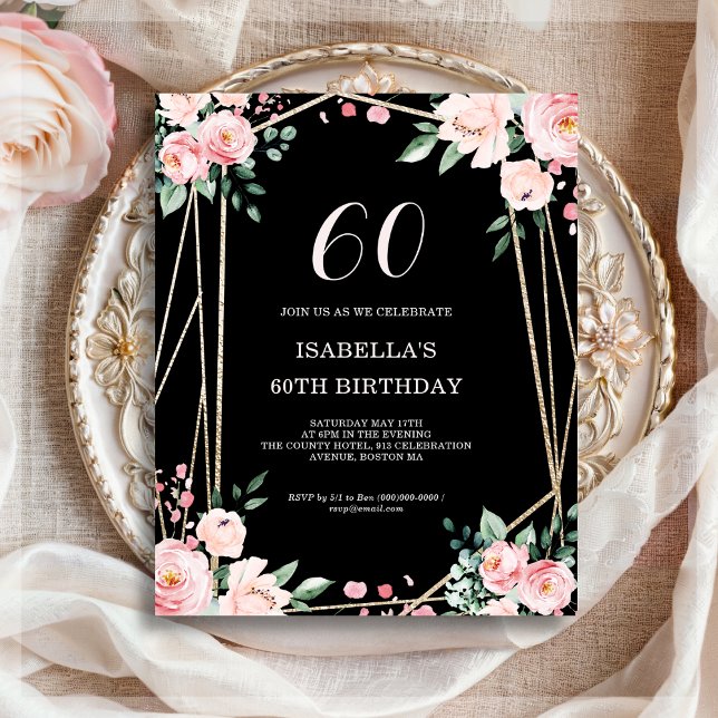 Black Floral 60th Budget Birthday Invitation (Creator Uploaded)