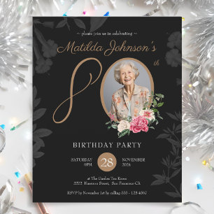 Black Floral 80th Birthday Party Invitation