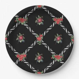 Black Floral and Lattice Sweet Valentine Paper Plate