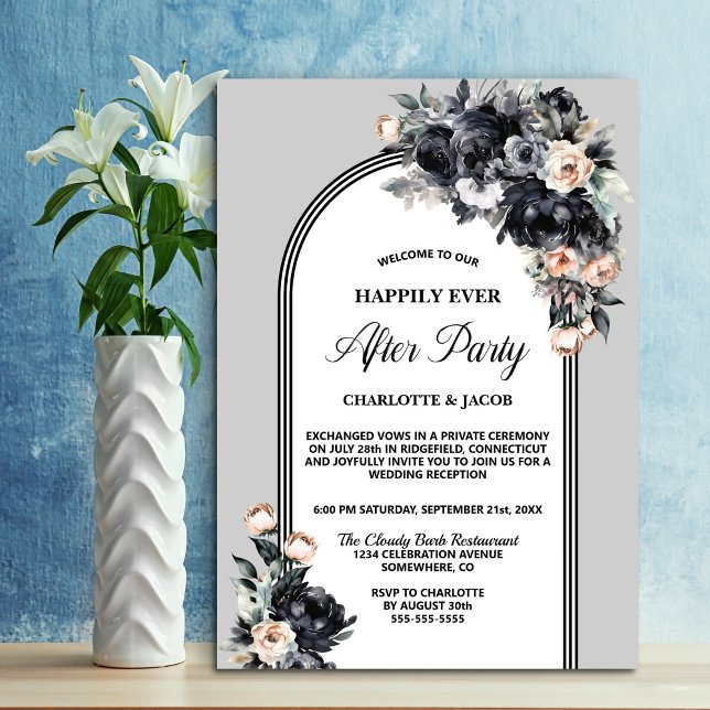 Black Floral Arch Grey Wedding After Party Invitation (Creator Uploaded)