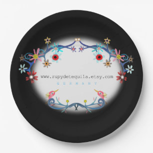 Black floral art birds paper plate