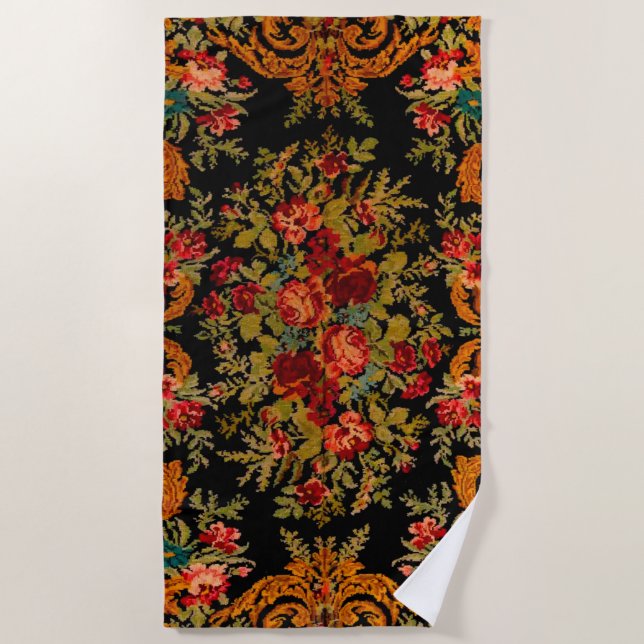 Black Floral  Beach Towel (Front)