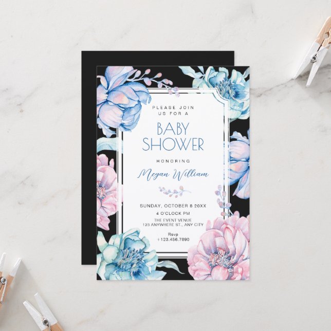 Black Floral bloom baby shower Invitation (Front/Back In Situ)