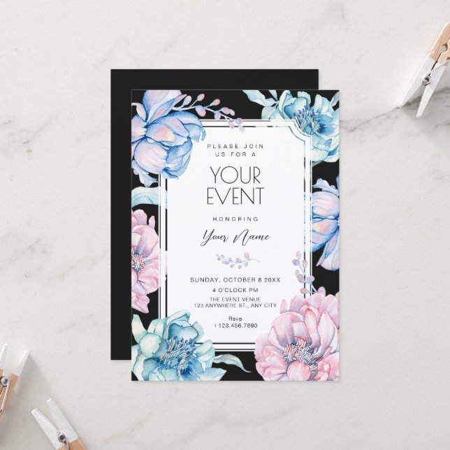 Black Floral bloom Invitation (Front/Back In Situ)