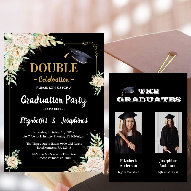 black floral Blush Joint Graduation Party 2 photos Invitation (Creator Uploaded)