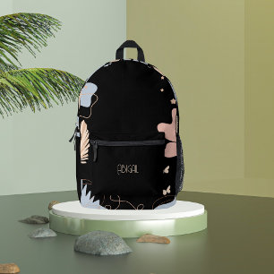 Black floral bohemian inspired printed backpack