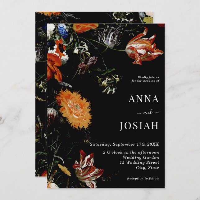 Black Floral Boho Chic Wedding Invitation (Front/Back)
