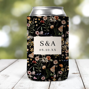 Black Floral Boho Wedding Can Cooler