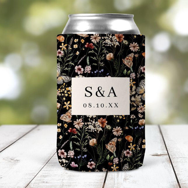 Black Floral Boho Wedding Can Cooler (Moody Black Floral Boho Wedding Can Cooler by Painted Paperie
)