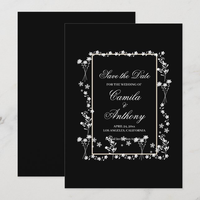 Black Floral Border Wedding Invitation (Front/Back)