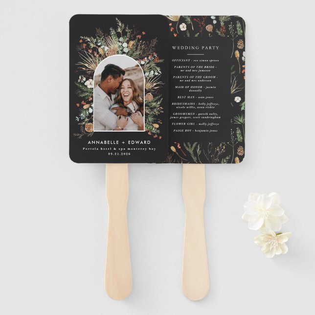 Black floral botanical modern rustic wedding hand fan (Front and Back)