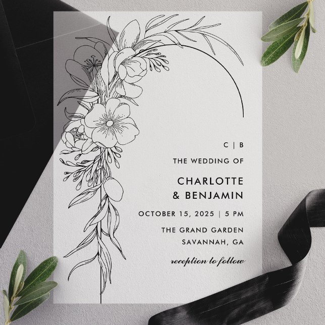 Black Floral Bouquet Arch Wedding Vellum Invitations (Creator Uploaded)