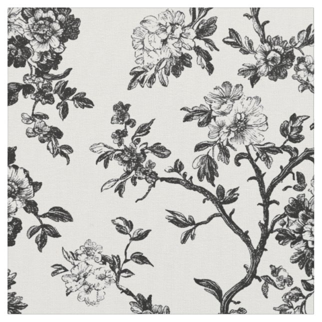 Black Floral Branch Toile Pattern Fabric (Close Up)