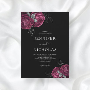 Black Floral Burgundy Peonies Wedding Invitation