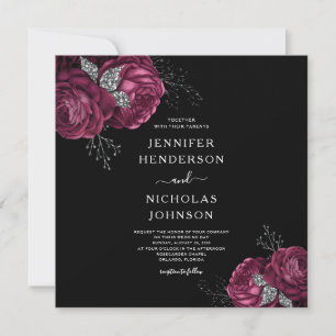 Black Floral Burgundy Peonies Wedding Invitation