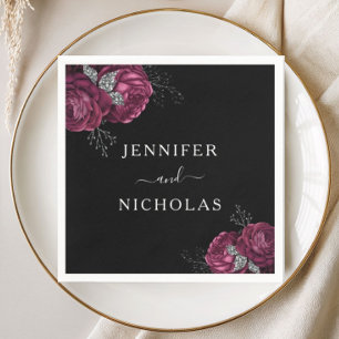 Black Floral Burgundy Peonies Wedding  Napkin