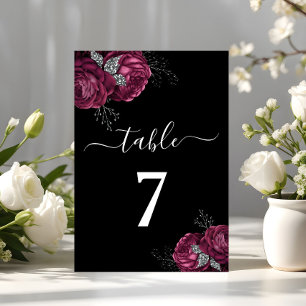 Black Floral Burgundy Peonies Wedding Table Number