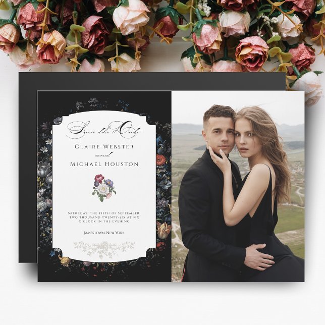 Black Floral Calligraphy/Photo Save the Date Magnetic Invitation (Creator Uploaded)