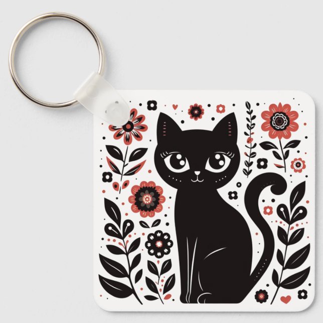 Black Floral Cat with Big Eyes Key Ring (Front)