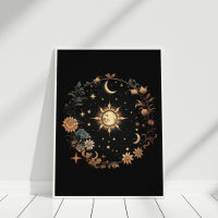 Black Floral Celestial Boho Wall Art