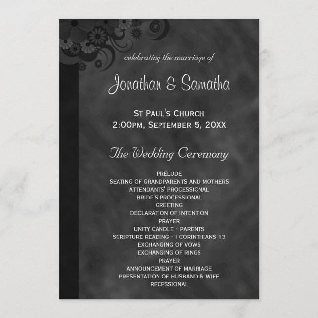 Black Floral Chalkboard Gothic Wedding Programs Programme (Front)
