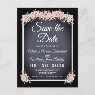 Black Floral Chalkboard Wedding Save the Date Invitation Postcard