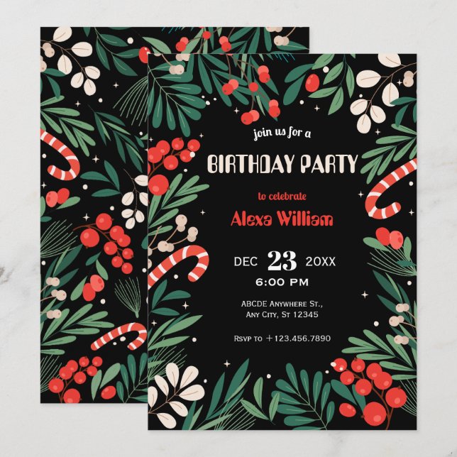 Black floral christmas birthday invitation (Front/Back)